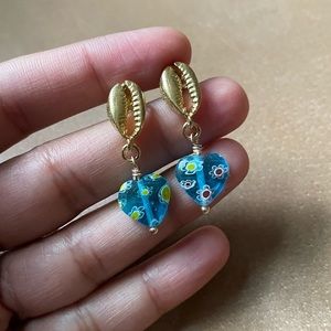 Cowrie 💙 Blue heart Italian floral glass millefiori earrings gold
